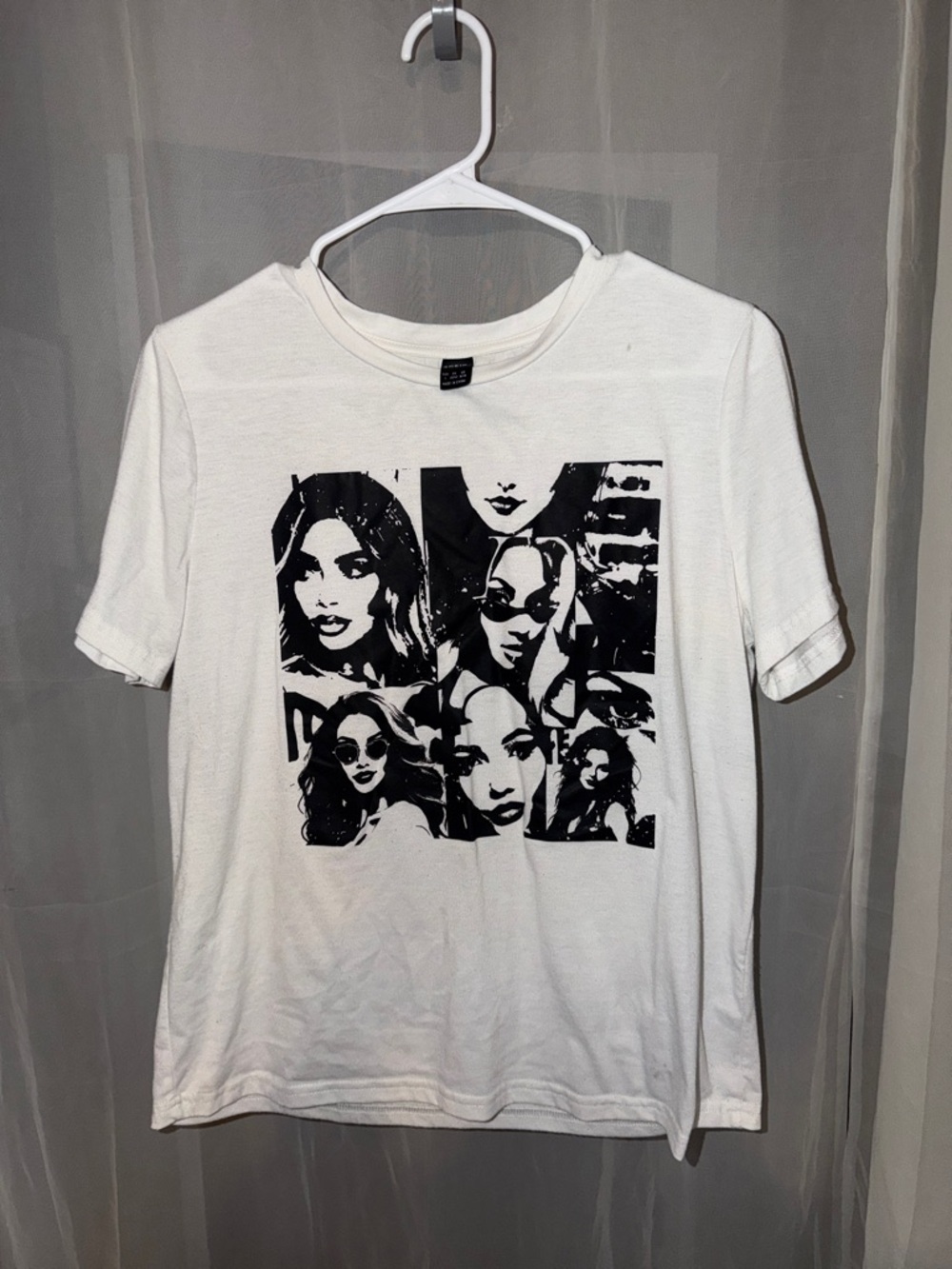 SHEIN White Short Sleeve Tee with Black Graphic Collage